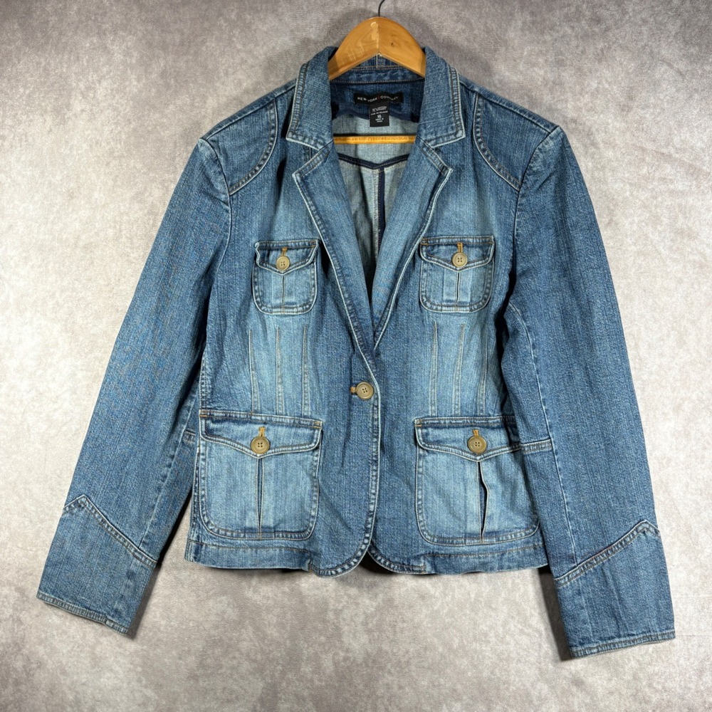 New York & Company Jacket Womens 16 Blue Denim Blazer Utility Safari Stretch